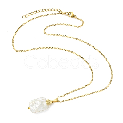 Natural Baroque Keshi Pearl Rectangle Pendant 304 Stainless Steel Cable Chain Necklaces for Women NJEW-JN06115-1