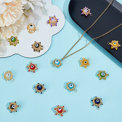 16Pcs 8 Colors Glass Seed Beaded Star Charm with Evil Eye Beads Pendants PALLOY-GO00071-1