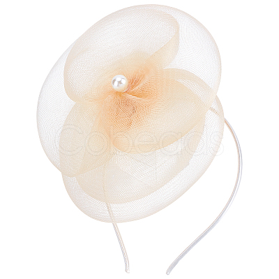 Hat Flower Mesh Organza Feathers on a Hair Band Party Headwear for Girls and Women OHAR-WH0051-009-1