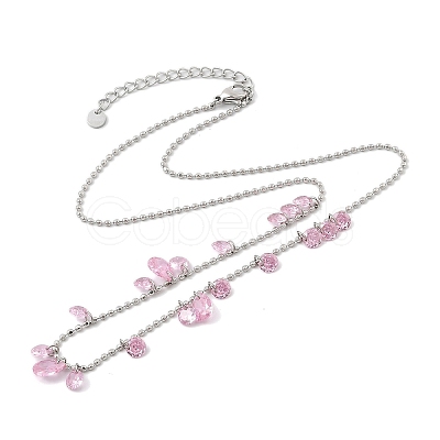 304 Stainless Steel Cubic Zirconia Teardrop & Flat Round Bib Ball Chain Necklaces for Women NJEW-F328-11P-08-1