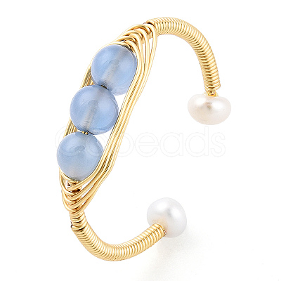 Natural Aquamarine Braided Oval Open Cuff Ring with Pearl Beaded RJEW-T026-11G-1