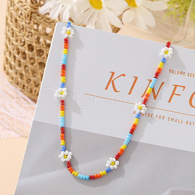 Bohemian Daisy Flower Glass Seed Beaded Necklaces with Alloy End Chains FS-WGC49A6-01-1