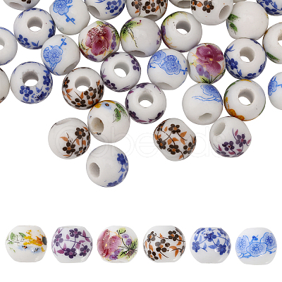 210Pcs 6 Style Floral Printed Porcelain Beads PORC-GL0001-01-1