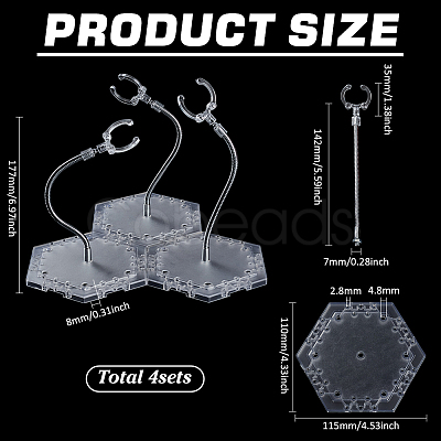 Assembled Hexagon Plastic Action Figure Display Stands with Adjustable Alloy Support Arm ODIS-WH0080-11B-1