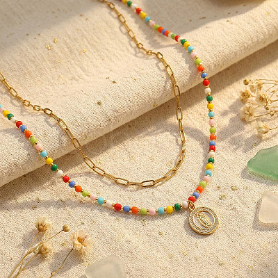 Boho Brass Crystal Rhinestone Religion Virgin Pendant Rainbow Glass Seed Beaded Double Layer Necklaces with Stainless Steel Paperclip Chains EI6810-1-1
