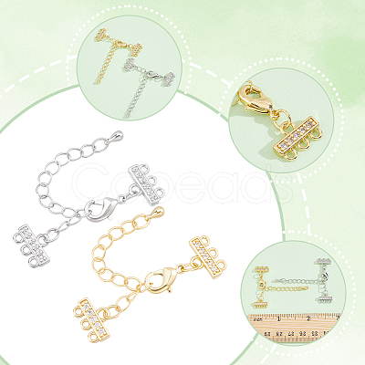4Pcs 2 Colors Brass Micro Pave Clear Cubic Zirconia Ends with Chains FIND-BBC0005-22A-1
