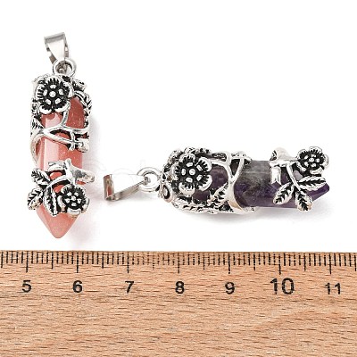 Natural Gemstone Alloy Rose Wrapped Hexagonal Prism Pointed Pendants GG-CBA040B-01AS-1
