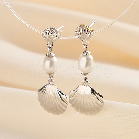 925 Sterling Silver Shell Shape Dangle Stud Earrings EJEW-M096-01P-1