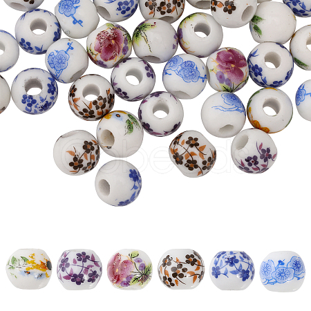 210Pcs 6 Style Floral Printed Porcelain Beads PORC-GL0001-01-1
