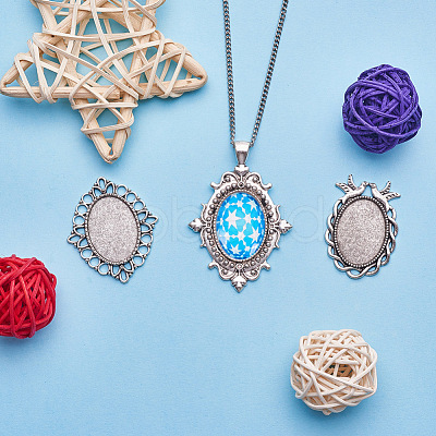 Tibetan Style Alloy Pendant Cabochon Settings and Mosaic Printed Glass Oval Cabochons TIBEP-PH0004-34AS-1