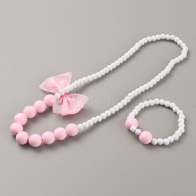 Plastic Bowkont Pendant Necklace and Round Beaded Stretch Bracelet SJEW-TAC0002-02-1