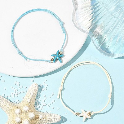 2Pcs 2 Colors Ocean Dyed Synthetic Turquoise Starfish Beaded Adjustable Waxed Polyester Cord Bracelets for Women BJEW-JB14242-1