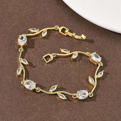 Brass Micro Pave Cubic Zirconia Oval & Leaf Link Chain Bracelets for Women BJEW-G764-05G-02-1