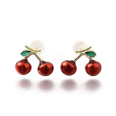 Cherry Brass Enamel Stud Earrings EJEW-U061-01G-1