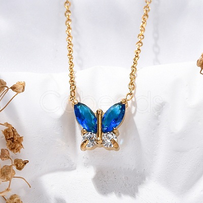 304 Stainless Steel Cubic Zirconia Butterfly Pendant Necklaces LS-NJEW-Z057-05A-G-1