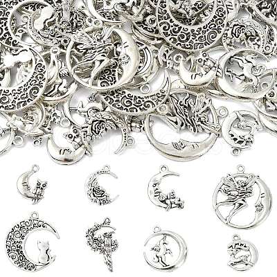 80Pcs 8 Styles Moon Theme Tibetan Style Alloy Pendants FIND-CJ0005-60-1