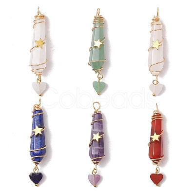 6Pcs 6 Styles Natural Carnelian & Green Aventurine & Rose Quartz & Quartz Crystal & Lapis Lazuli & Amethyst Copper Wire Wrapped Faceted Bullet Heart Pendants PALLOY-JF03482-01-1