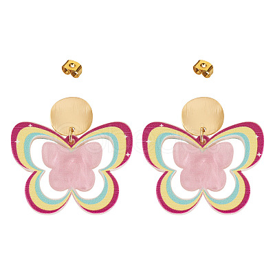 Brass Printing Acrylic Butterfly Dangle Stud Earrings EJEW-TA00672-1