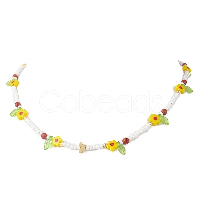 3Pcs 3 Colors Faceted Round Natural Red Jasper & Dyed White Jade & Agate & Flower Handmade Millefiori Glass & Glass Seed Beaded Necklaces for Women NJEW-MZ00150-1
