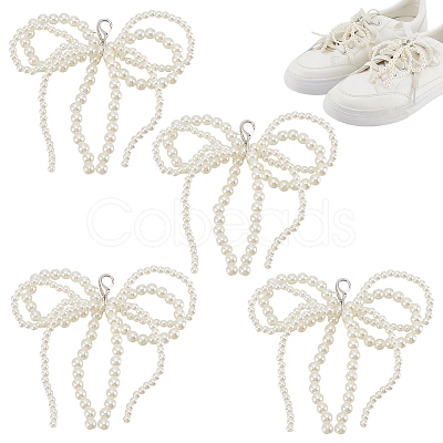 Bowknot Plastic Imitation Pearl Shoe Charms AJEW-WH0348-542B-01-1