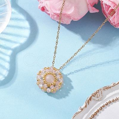 Natural Rose Quartz & Glass Seed Beaded Flat Round Pendant 304 Stainless Steel Cable Chain Necklaces NJEW-MZ00129-01-1
