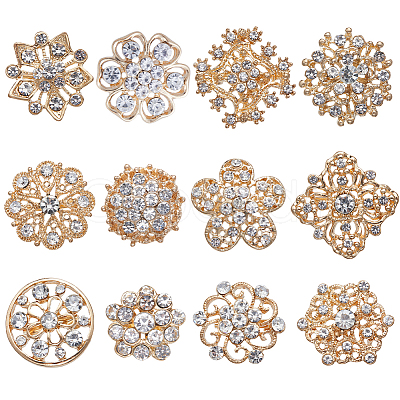 12Pcs 12 Style Crystal Rhinestone Flower Brooch Pins JEWB-GF0001-36A-1