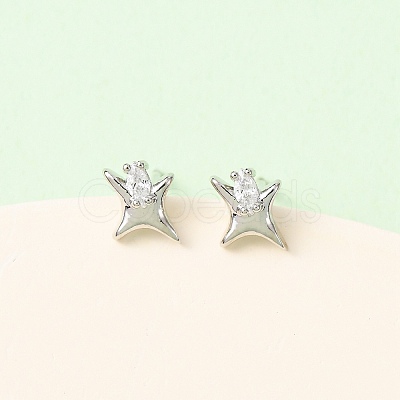 Brass Micro Pave Clear Cubic Zirconia Star Stud Earrings EJEW-L278-02P-1