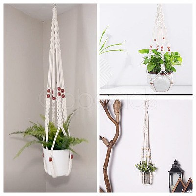 2Pcs Handmade Macrame Polyester with Wood Bead Plant Hanger AJEW-HS0001-47A-1