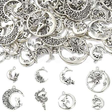 80Pcs 8 Styles Moon Theme Tibetan Style Alloy Pendants FIND-CJ0005-60-1
