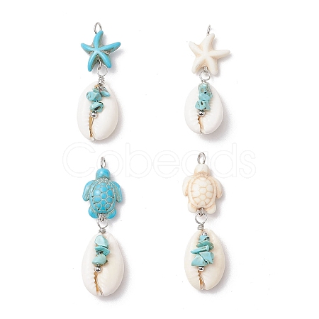 4Pcs 4 Styles Natural Cowrie Shell & Starfish Dyed Synthetic Turquoise Pendants PALLOY-JF03934-01-1