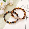 2Pcs 2 Style Dyed & Heated Natural Tiger Eye & Gemstone Stretch Bracelets Set BJEW-SW00092-5