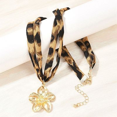 Alloy Flower Pendant 2-Strand Leopard Print Polyester Cord Necklaces for Women NJEW-A066-05G-1