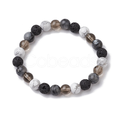 8.5mm Round Natural Larvikite & Howlite & Synthetic Smoky Quartz & Natural Lava Rock  Bead Stretch Bracelets for Women BJEW-JB10944-03-1