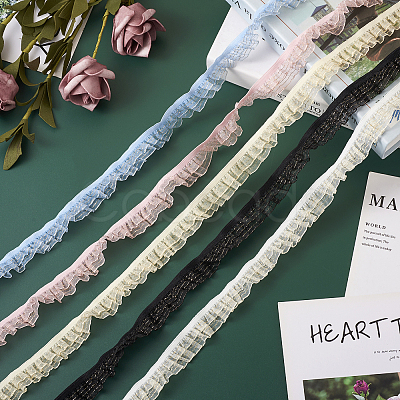 25 Yards 5 Colors Double Tiers Pleated Chiffon Polyester Ribbons ORIB-CW0001-01-1