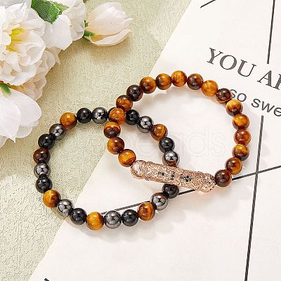 2Pcs 2 Style Dyed & Heated Natural Tiger Eye & Gemstone Stretch Bracelets Set BJEW-SW00092-1