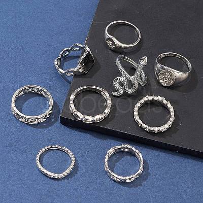 9Pcs 3 Style Snke & Star & Rectangle & Hollow Zinc Alloy Finger Rings Set RJEW-FS0001-08-1