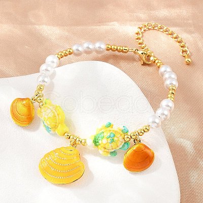 Ocean Brass Enamel Starfish Shell Shape Charm Bracelets for Women KK-CBA68DA-16G-03-1
