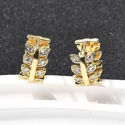 Brass Micro Pave Clear Cubic Zirconia Leaf Hoop Earrings EJEW-P322-15G-1