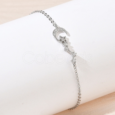 Brass Micro Pave Clear Cubic Zirconia Moon Star Link Bracelets KK-CBA6980-25P-1