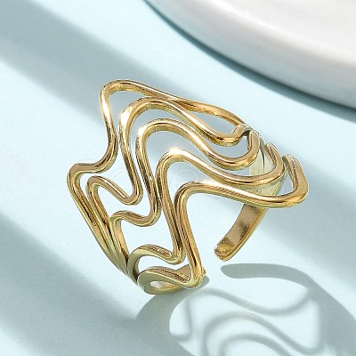 Ion Plating(IP) 304 Stainless Steel Wave Open Cuff Ring for Women RJEW-M025-01G-1