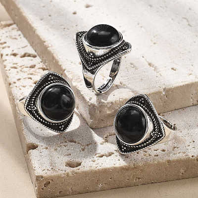 Natural Obsidian Adjustable Rings G-P560-03AS-13-1