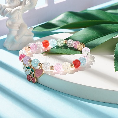 Candy Color Round Beaded Stretch Bracelet with Heart Cherry Charm for Women BJEW-JB07636-01-1