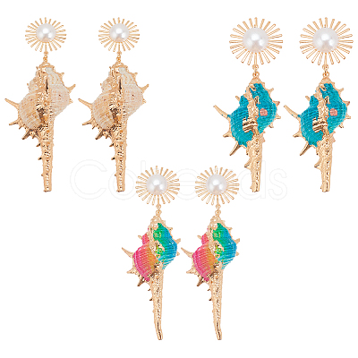 3 Pairs 3 Colors Golden Alloy Sun with Shell Shape Dangle Stud Earrings EJEW-AN0004-40-1
