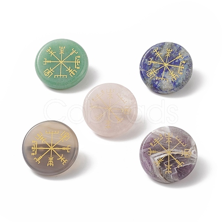 Natural Gemstone Flat Round with Norse Paganism Pattern Brooch Pin JEWB-BR00087-1