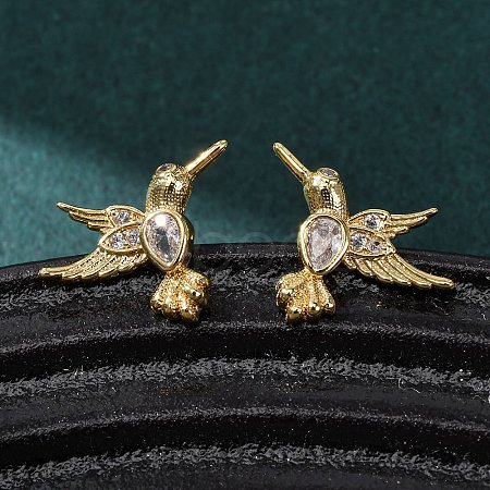 Bird Brass Micro Pave Clear Cubic Zirconia Stud Earrings EJEW-Z159-02G-1
