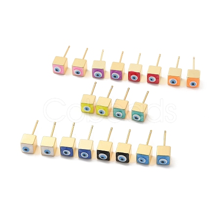 Long-Lasting Plated Cube with Enamel Evil Eye Stud Earring EJEW-E272-01G-1