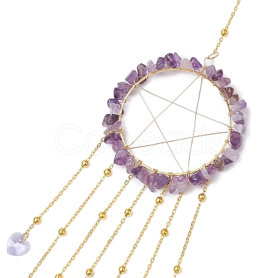 Wire Wrapped Natural Amethyst Chips Ring Hanging Ornaments HJEW-JM02371-06-1