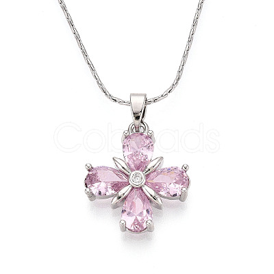 Brass Cubic Zirconia Flower Pendant 304 Stainless Steel Chain Necklaces NJEW-T018-02P-1