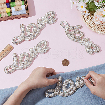 4Pcs Word Love Glass Crystal Rhinestone with Plastic Pearl Sew on Cloth Patches PATC-FG0003-51-1
