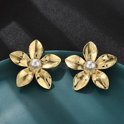 Brass ABS Plastic Imitation Pearl Flower Stud Earrings EJEW-S258-02G-1